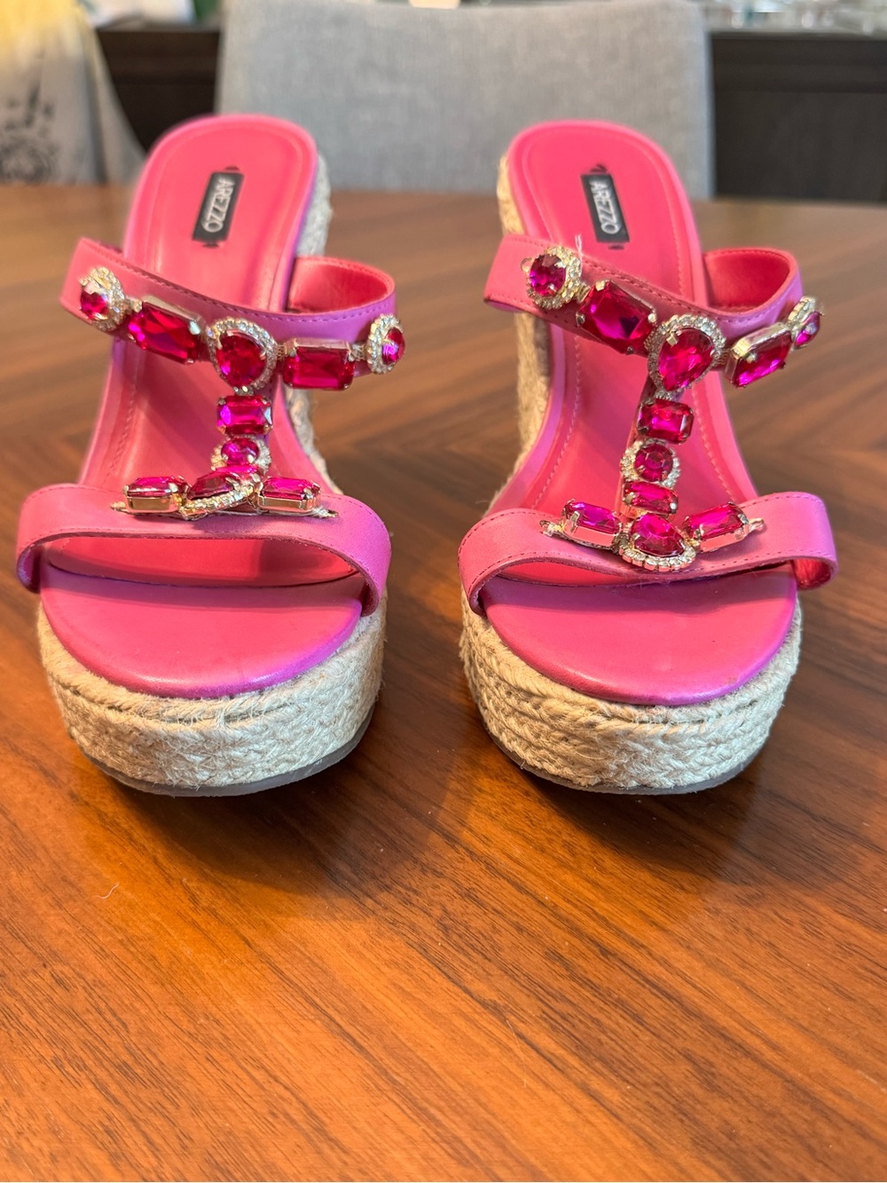 Arezzo Pink Leather Jeweled Espadrille Wedge Sandals Crystal Platform Size 9US - Picture 11 of 13